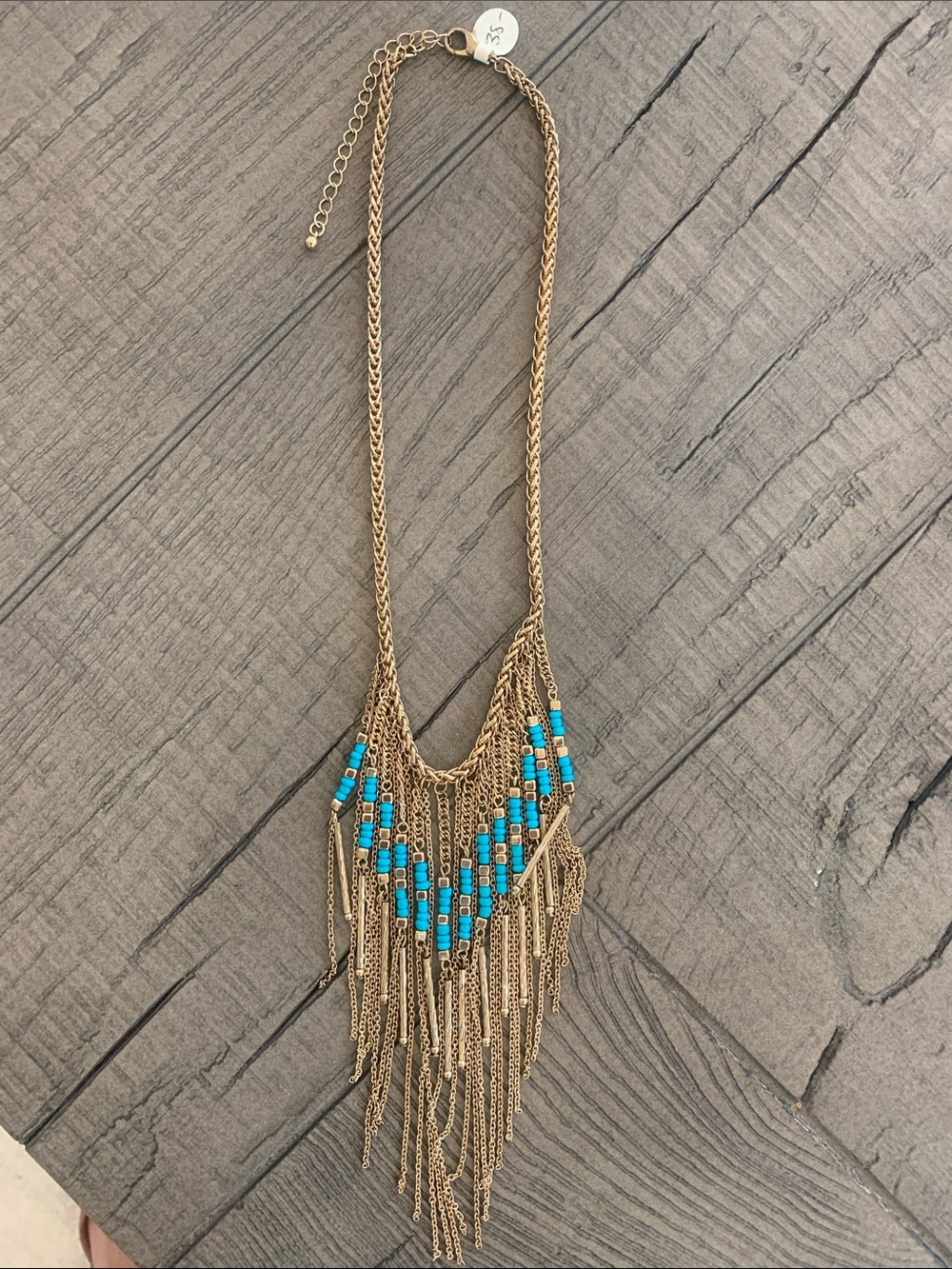 Gold-Tone Fringe Necklace with Turquoise Bead Accent